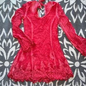 Red Lace Dress Bohemian Bell Sleeve Size XS
